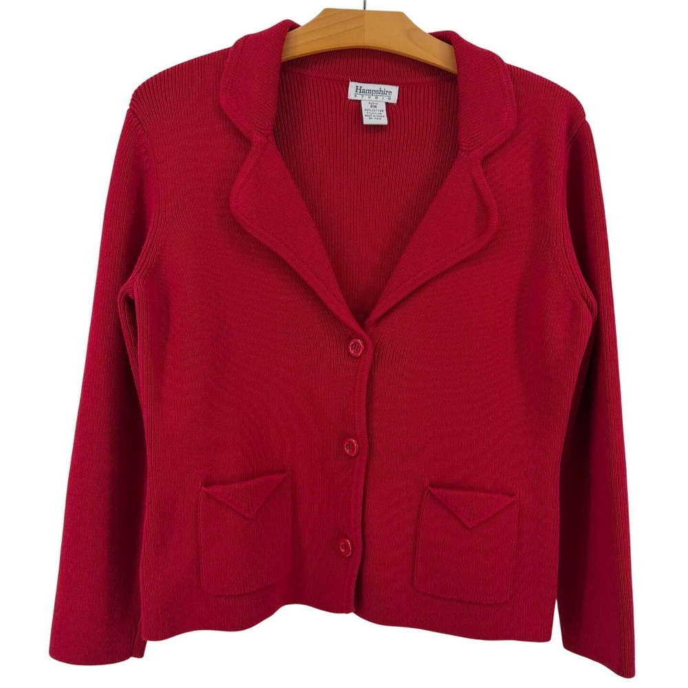 Hampshire Studio Cardigan Women Petite PM Red Knit Button Pockets Cotton Blend